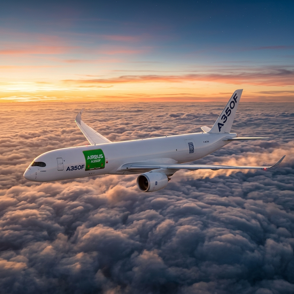 Airbus A350F de carga volando sobre las nubes al atardecer